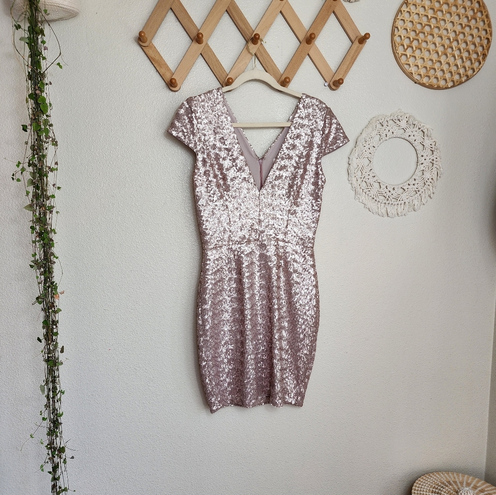 Dress The Population Zoe Sequin Dress In Taupe - Picture 2 of 12
